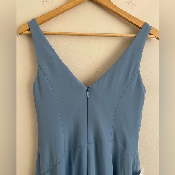 Azazie Kori Steel Blue A-Line Pleated Chiffon Maxi Slit Dress Size 6 - Picture 5 of 7